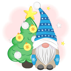 Christmas cute gnome by the tree vector illustration