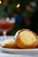 cheesecake with streusel on a concrete background, New Year's tea party with pies and jam near the Christmas tree