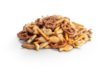 A pile of crispy savoury party food snakes isolated against a transparent background.