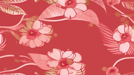 Fototapeta premium Floral hand drawn background. Botanical line art wallpaper with flowers, branches and eucalyptus leaves. Design in red and green shades watercolor texture for banner, prints, wall art and home decor.