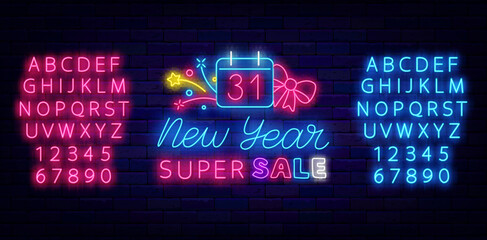 New Year super sale neon signboard. Bright pink and blue alpphabet. Calendar, firework, bow. Vector stock illustration