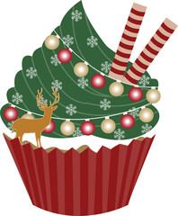 A Christmas tree cupcake with Christmas decorations