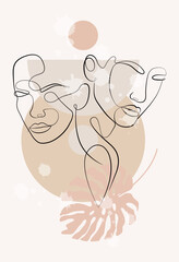 Vector portrait in minimalist style. Geometric shapes, leaves, female portrait. Hand-drawn abstract female print. Used for social media stories, beauty logos, poster illustrations.