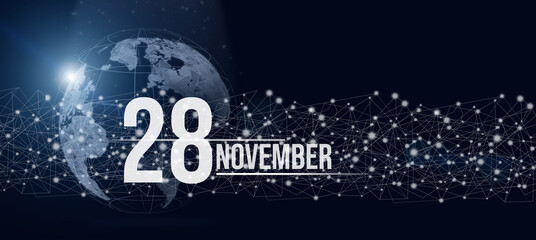 November 28th. Day 28 of month, Calendar date. Calendar day hologram of the planet earth in blue gradient style. Global futuristic communication network. Autumn month, day of the year concept.