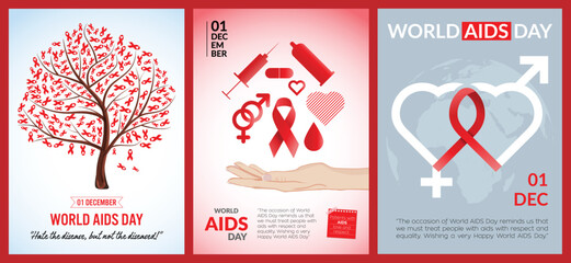 AIDS ribbon tree. Female hand with vaccine, aids ribbon, female male symbol, aids medicine, condom. Aids ribbon form formed by the union of male and female hearts and globe illustration. - obrazy, fototapety, plakaty