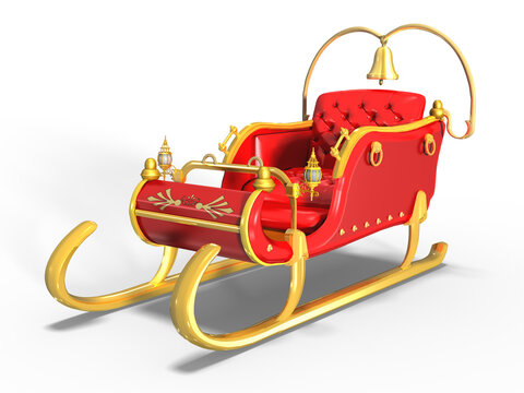 3d Schlitten vom Weihnachtsmann mit goldenen Kufen und Glocke, isoliert. 3d Illustration