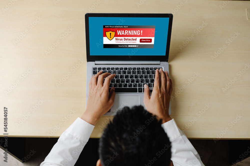 Aufkleber virus warning alert on computer screen detected modish cyber threat , hacker, computer virus and mal