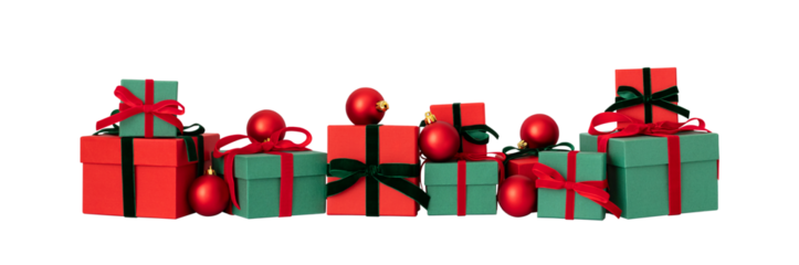 Christmas gifts and baubles isolated on a transparent background. Red and green gift boxes. New Year surprise.