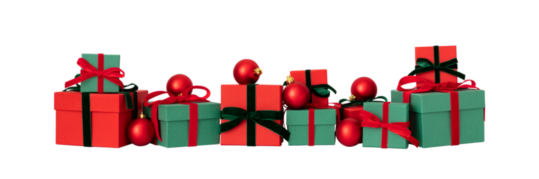 Christmas gifts and baubles isolated on a transparent background. Red and green gift boxes. New Year surprise.