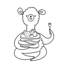 Funny llama with pancakes outline illustration. Food concept.