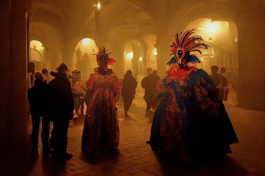 Silhouettes Of Masked People In Disguise In The Carnival Of Venice. Interior Of A Large Italian Palace With Guests Wearing Traditional Costumes And Mysterious Masks In Mardi Grass. Generative Ai