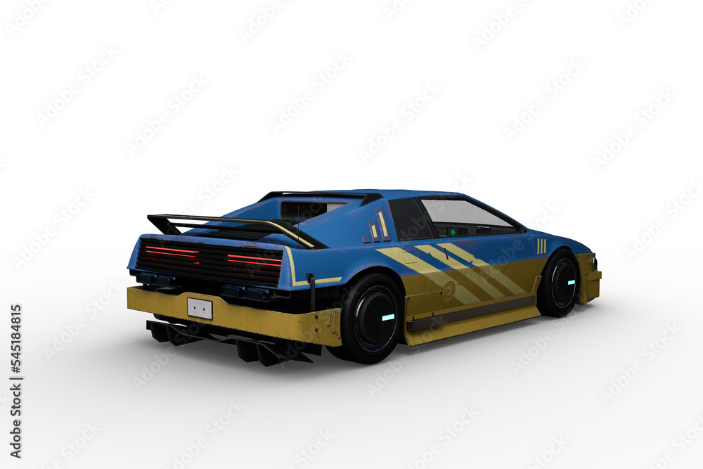 Poster rear perspective view 3d rendering of a blue and yellow futuristic cyberpunk style car isolated on a