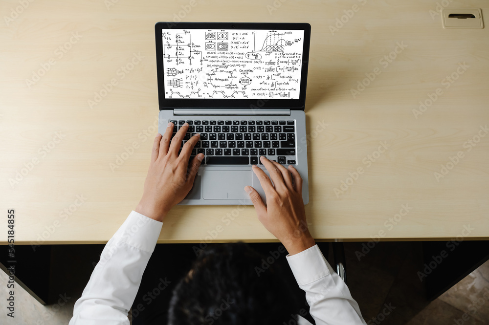 Poster mathematic equations and modish formula on computer screen showing concept of science and education