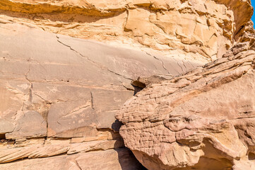A view of  rock carvings in the desert landscape in Wadi Rum, Jordan in summertime