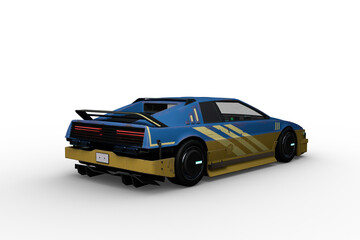 Rear perspective view 3D rendering of a blue and yellow futuristic cyberpunk style car isolated on a transparent background.