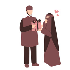 Romantic Muslim Couple. Husband giving gift to his wife. 