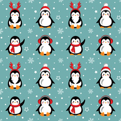 Christmas seamless pattern with cute penguins, snowflakes and stars. Festive design for Christmas and New Year decoration. Background. EPS 10