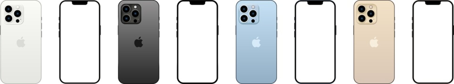 Realistic iphone 13 pro in four colors (Silver, Graphite, Sierra Blue and Gold) by Apple Inc. Mock-up screen iphone and back side iphone. PNG image