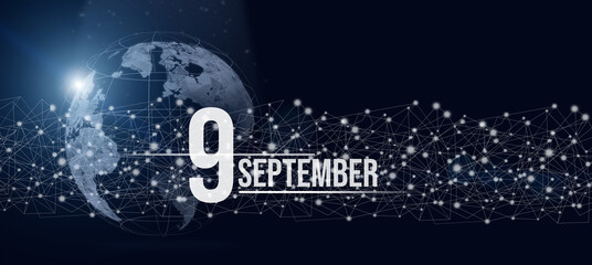 September 9th. Day 9 of month, Calendar date. Calendar day hologram of the planet earth in blue gradient style. Global futuristic communication network. Autumn month, day of the year concept.