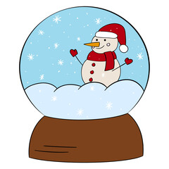 Snow globe with a snowman, vector illustration.
