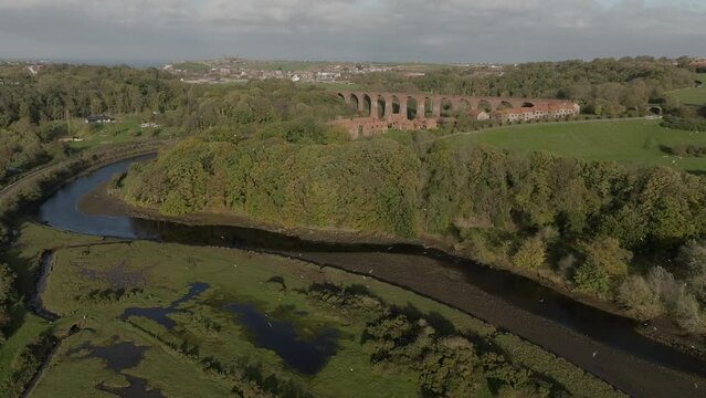 River Esk Whitby Larpool Viaduct Yorkshire UK Aerial Landscape Autumn Birds