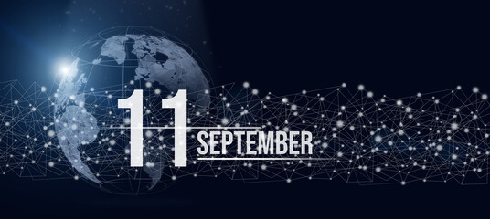 September 11st . Day 11 of month, Calendar date. Calendar day hologram of the planet earth in blue gradient style. Global futuristic communication network. Autumn month, day of the year concept.