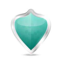 Protection shield frame aluminum shiny silver with green shiny glass glowing isolated on white background. Safety label blank for text. Presentation sticker shape. Icon 3D Vector EPS10.