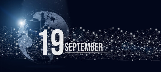 September 19th. Day 19 of month, Calendar date. Calendar day hologram of the planet earth in blue gradient style. Global futuristic communication network. Autumn month, day of the year concept.