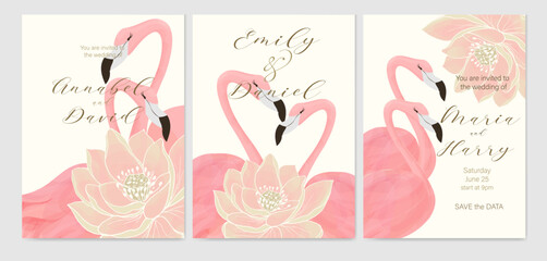 Fototapeta na wymiar Three design backgrounds for wedding invitation cards with pink flamingos and lotus