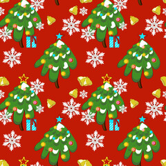 Winter background for paper or fabric. Seamless pattern with Christmas trees, snowflakes and gifts.