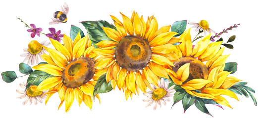 Fototapeta na wymiar Watercolor Sunflowers Bouquet Transparent PNG