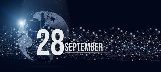 Obraz na płótnie Canvas September 28th. Day 28 of month, Calendar date. Calendar day hologram of the planet earth in blue gradient style. Global futuristic communication network. Autumn month, day of the year concept.