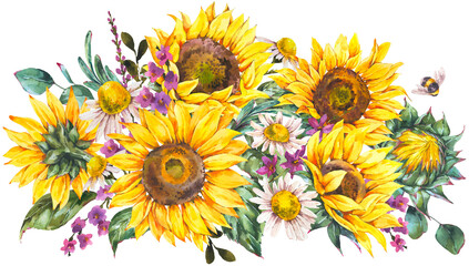 Sunflowers Bouquet Watercolor Transparent PNG - 545187042