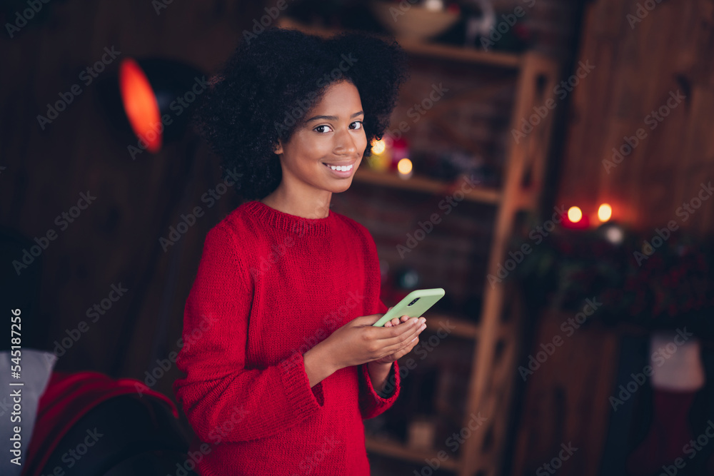 Sticker photo of sweet lovely little girl hold use telephone typing write comfy festive atmosphere house ind