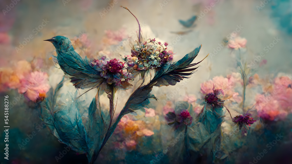 Wall mural delicate oil painting with a bird landing on the flowers. pastel tones. blurred background. generati