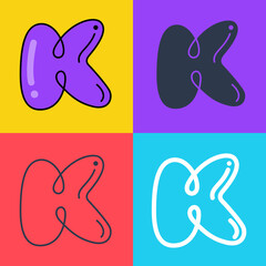 Letter K logo. Funny bold childish style font. Overlapping line with multicolor background