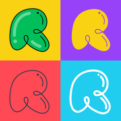 Letter R logo. Funny bold childish style font. Overlapping line with multicolor background