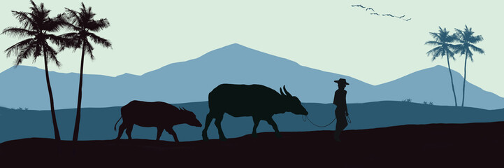 Black silhouette of Thai farmer's way of life, leading two buffaloes, returning home among mountains.silhouette.silhouette of coconut trees. Silhouette of birds flying back to its nest