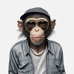 Realistic funky cool chimpanzee model, monkey, an ape wearing cloth and glasses, fashion photography style  digital 3D illustration Original concept 