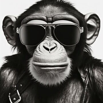 Realistic funky cool chimpanzee model, monkey, an ape wearing cloth and glasses, fashion photography style  digital 3D illustration Original concept 