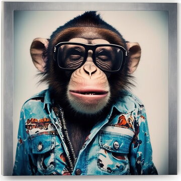 Realistic funky cool chimpanzee model, monkey, an ape wearing cloth and glasses, fashion photography style  digital 3D illustration Original concept 