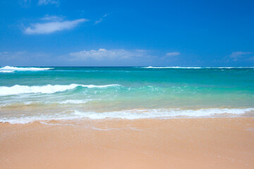 Fototapeta na wymiar Peaceful beach scene with ocean and blue sky