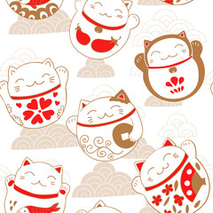 Seamless pattern with cats maneki neko, lucky charms. Vector illustration.