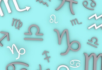 zodiac signs are gray on a blue background. Horoscope concept, top view.	
