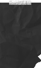 Black crumpled card with adhesive tape. Torn piece of paper with sticker.