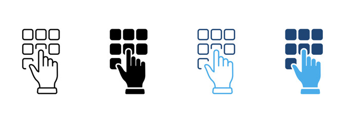 Enter Pin Code on Keypad Line and Silhouette Icon Set. Hand Entering Password on Phone Dial Keyboard Pictogram. ATM Access Combination Flat Symbol on White Background. Isolated Vector Illustration © gentle studio