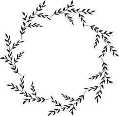 Round frame with drawing black branches on white background. Vector image.