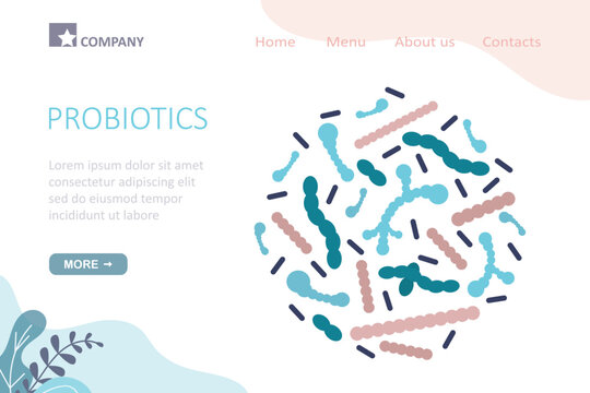 Probiotics, landing page template. Live microorganisms help normalize functioning of intestines and liver. Probiotics, bifidobacteria have positive effect on immune system.
