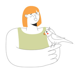 The character of a woman is smiling and holding a parrot in her arms. Caring for animals. Vector illustration in outline style