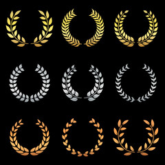 Gold, Silver, and Bronze Laurel Wreath Silhouette Icon Set. Success Chaplet Symbol. Champion Foliate Trophy Pictogram. Olive Leaves Branch Award Round Emblem. Isolated Vector Illustration